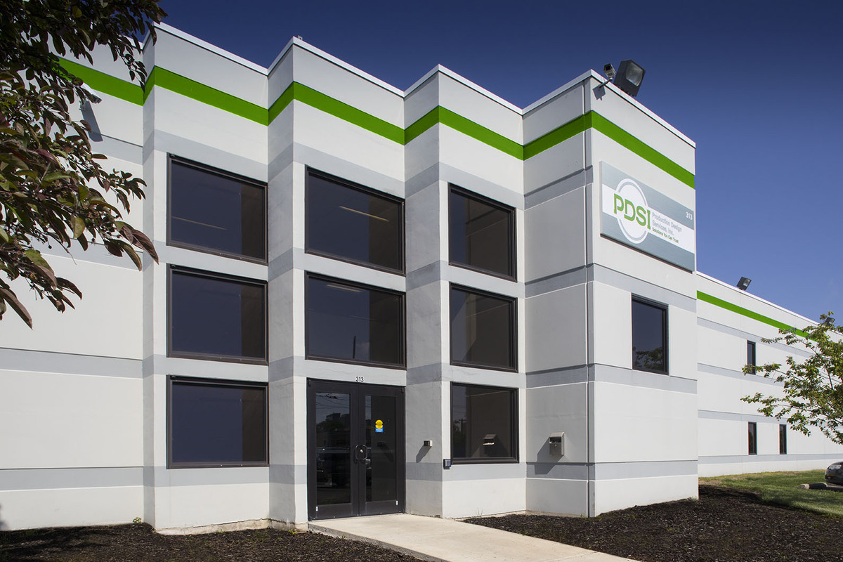 White PDSI Office with green stripe and glass front